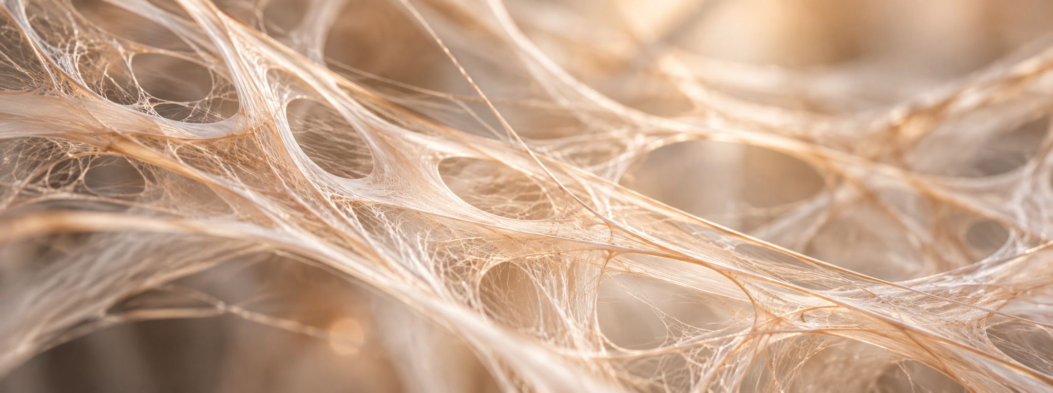 An illustration of fascia: translucent connective tissue fibers woven into a continuous web, in warm light
